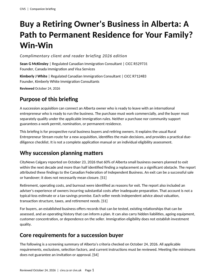 Cover of Buy a Retiring Owner’s Business in Alberta: A Path to Permanent Residence for Your Family? Win-Win