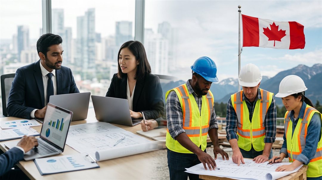 Office workers with laptops and plans, and construction workers in hard hats and high-visibility vests reviewing plans, with a Canadian flag in the background