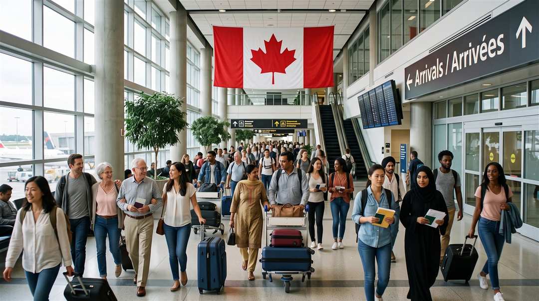 Travellers with luggage walking through an airport arrivals area beneath a large Canadian flag