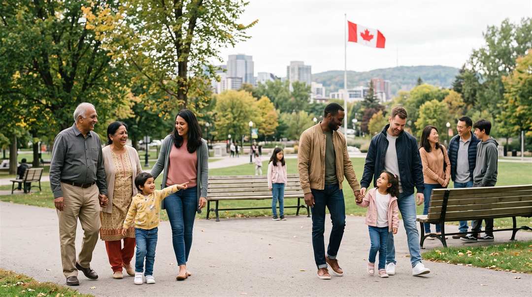 Families walking on a park path with benches, trees, a Canadian flag and a city skyline in the background