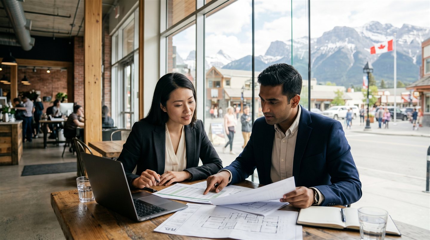 Two businesspeople reviewing plans beside a window overlooking Canadian mountains
