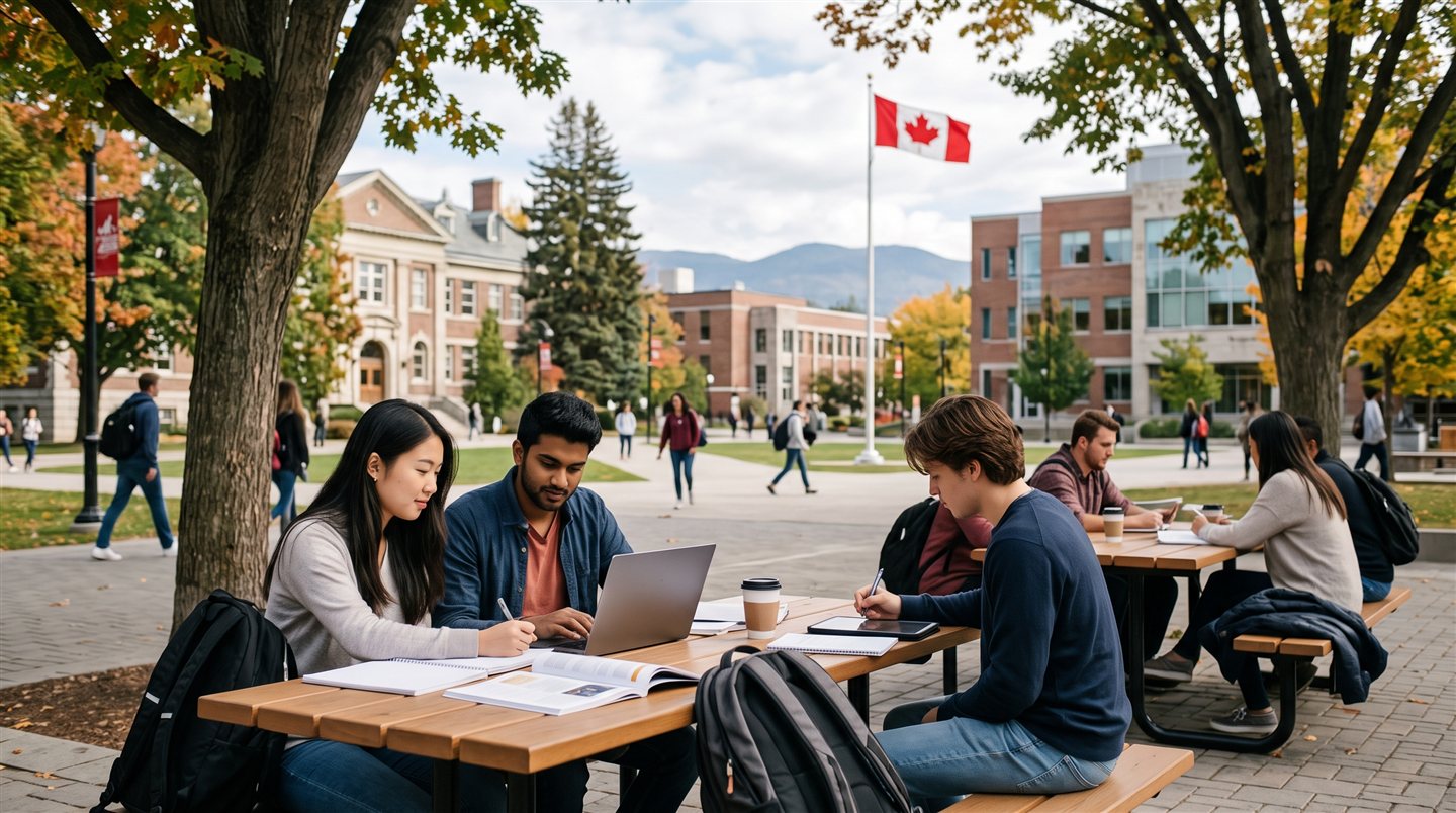 Students studying together outdoors on a Canadian campus