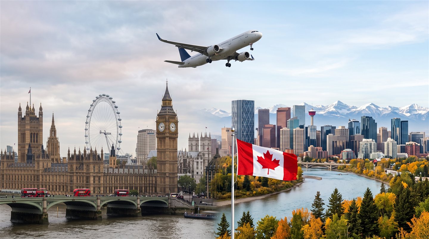 London and a Canadian skyline with mountains, a Canadian flag and an airplane